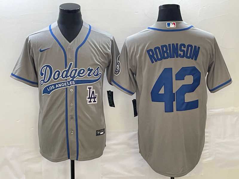 Mens Los Angeles Dodgers #42 Jackie Robinson Grey With Patch Cool Base Stitched Baseball Jersey